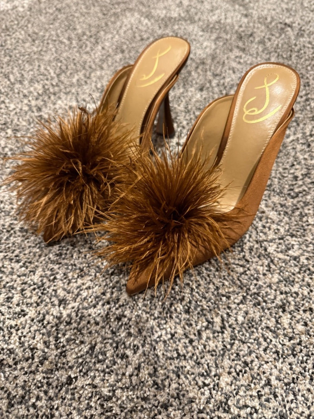 Brown Feather Pom-Pom Mule Heels